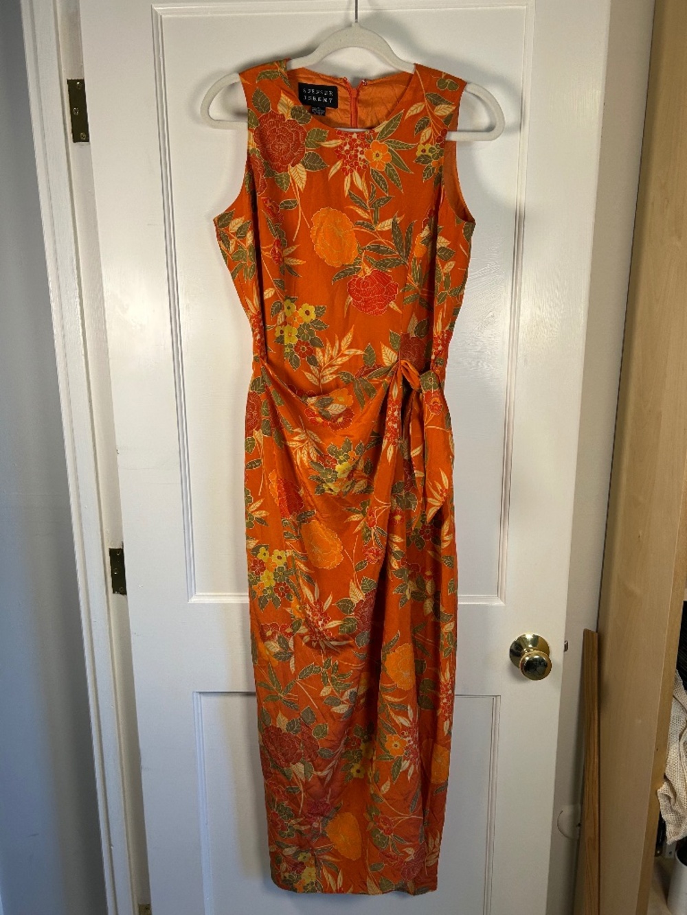 Spenser Jeremy 100% Silk maxi faux wrap dress, Size 8, zippered, orange/red/gree